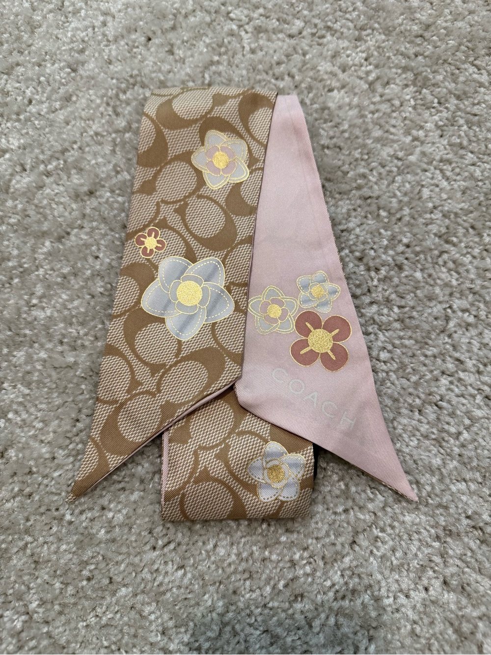 COACH Floral Silk Skinny Scarf Tan & Pink NWOT